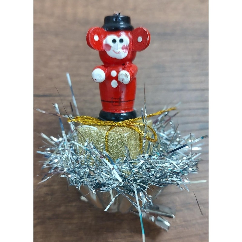 Vintage Monkey Clip On Christmas Ornament Handmade Present Tinsle Assemblage O1